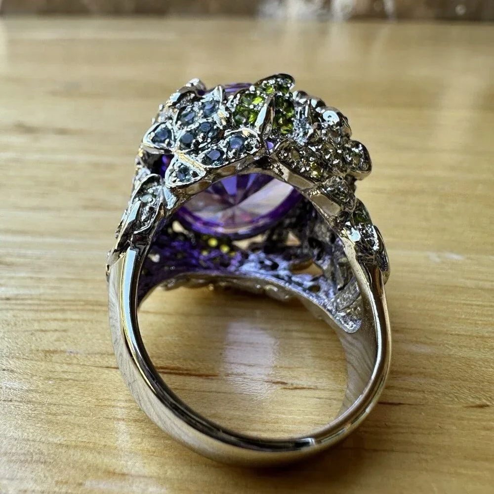 Statement Ring Size 9.75‎ Purple Blue Tanzanite Cluster Gems 925 Sterling 28.3g